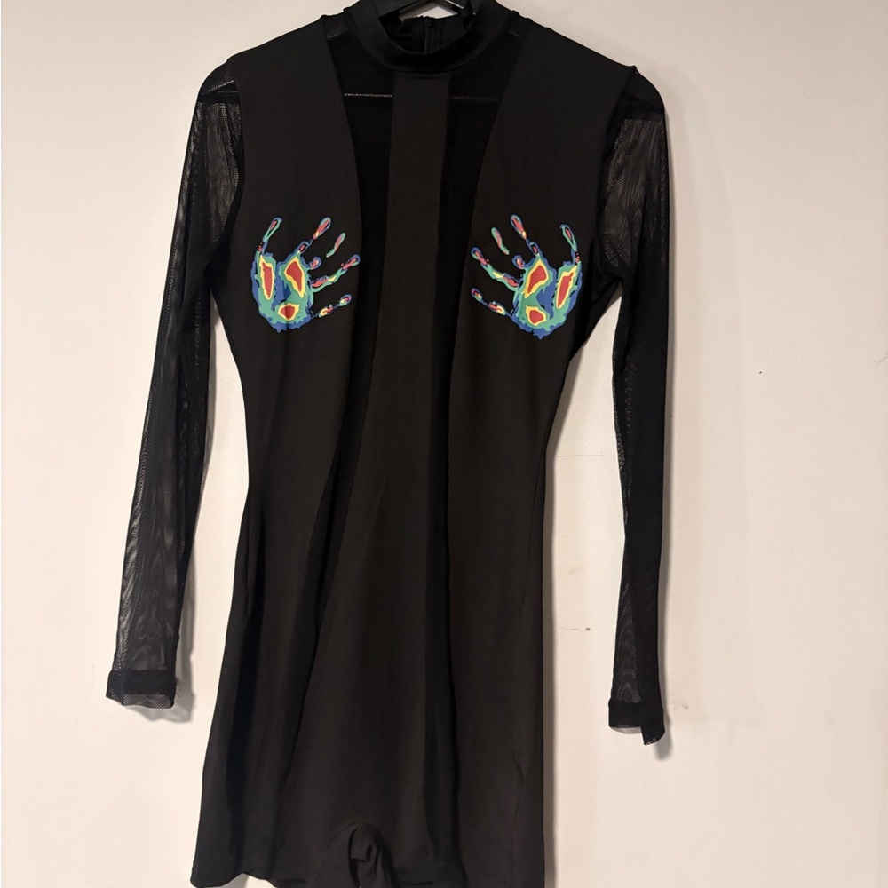Black Long Sleeve Jumpsuit with Colorful Hand Design